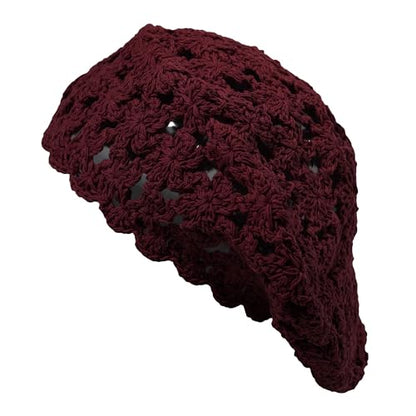 ZLYC Women Cotton Slouchy Crochet Beret Handmade Cutout Floral Beanie Hat - color: Burgundy