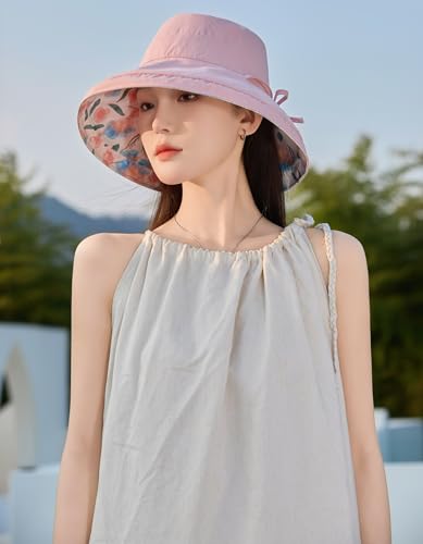HUAMULAN Women Wide Brim Reversible Sun Hat Summer Beach Fishing Bucket - color: Pink Floral