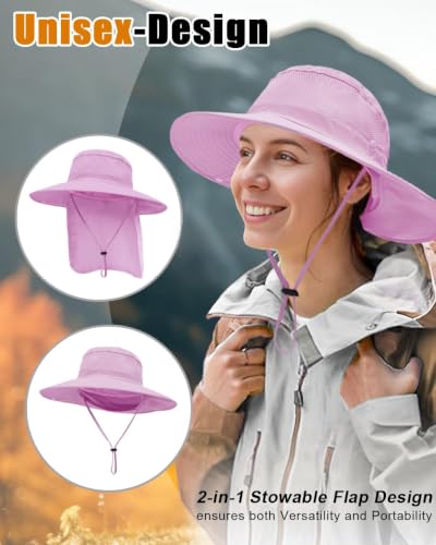 Outdoor Sun Hats with Stowable Neck Flap for Men Women UPF 50+ Mesh Summer Bucket Hat Wide Brim for Fishing Safari Hiking - color: Purple