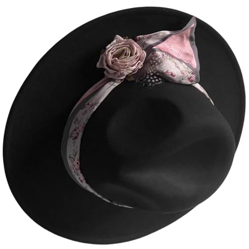 Classic Wide Brim Fedora Hat for Women Floppy Panama Hat for Party Wedding Fascinator Hat with Band Sun Protection 2025 - color: Black W