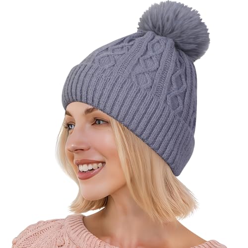 Pom Pom Beanie for Women & Girls, Warm Knit Winter Hat - color: Gray