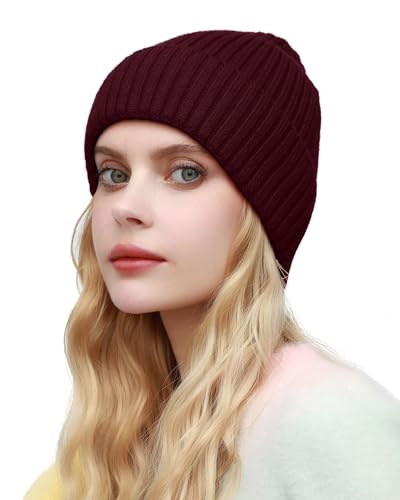 ROYBENS Womens Satin Lined Beanie for Men Wool Knit Cuffed Warm Winter Hats - color: 1pcs-wine Red
