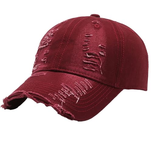 FEOYA Vintage Distressed Baseball Cap for Women Men Ripped Washed Denim Dad Hat Low Profile Adjustable Polo Headwear - color: Wine Red