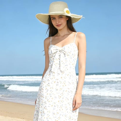 Summer Straw Sun Hats for Women Packable, Floppy Beach Wide Brim Hat Foldable - color: Beige