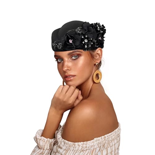 Beret Hats for Women British Felt hat Women's Church Derby Headdress Women's Floral hat Suitable for Wedding Parties Events - color: Black