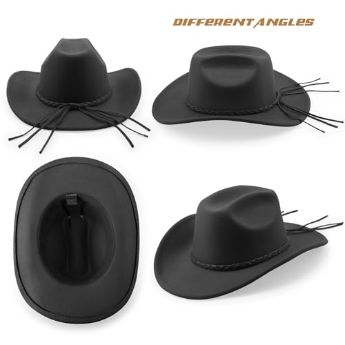 DRESHOW Western Cowboy Hat for Men Women Cowboy Cowgirl Hat Outdoor Wide Brim Retro Felt Fedora Hats Unisex Rolled up Caps - color: 1 Pack Style 9: Dark Gray With Braided Band