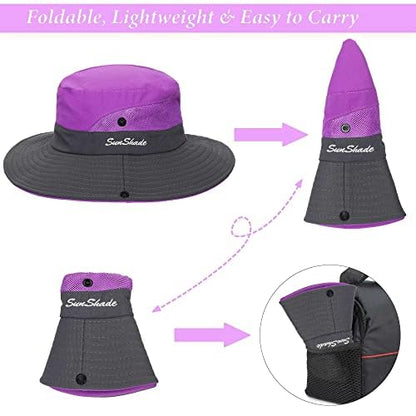 Women's Outdoor-UV-Protection-Foldable-Sun-Hats-Wide-Brim Hat Ponytail-Hole - color: Purple