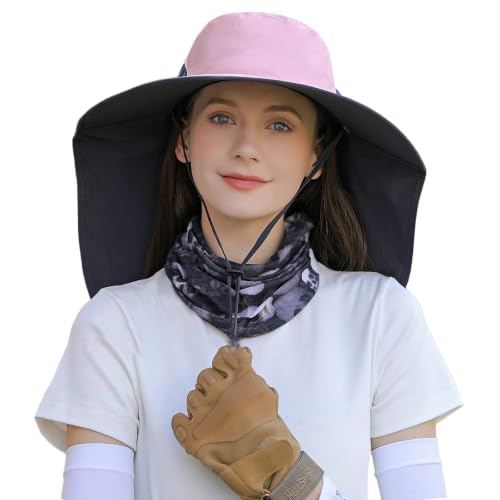 HUAMULAN Women Men Wide Brim Sun Hat Hiking Fishing Hats with Neck Flap - color: Hyp011-pink
