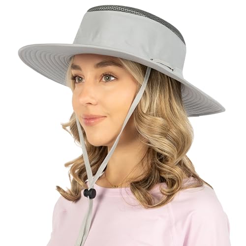 SUN CUBE Wide Brim Sun Hat for Men Women UPF 50+ UV Protection Safari Boonie Hat with Chin Strap, Pocket, Fishing Hiking Hat - color: Light Gray