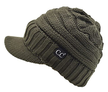 C.C Trendy Warm Oversized Chunky Soft Oversized Ribbed Slouchy Knit Hat with Visor Brim - color: Dark Olive Green