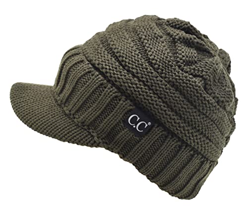 C.C Trendy Warm Oversized Chunky Soft Oversized Ribbed Slouchy Knit Hat with Visor Brim - color: Dark Olive Green
