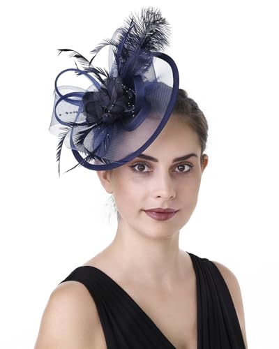 Women's Organza Church Vintage Wedding Fascinator Tea Party Wedding Hat Summer - color: Hj11-navy