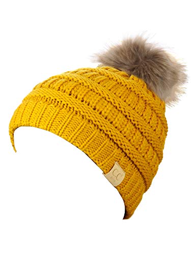 C.C Children's Kids' Soft Stretch Cable Knit Faux Fur Pom Beanie Hat - color: Mustard