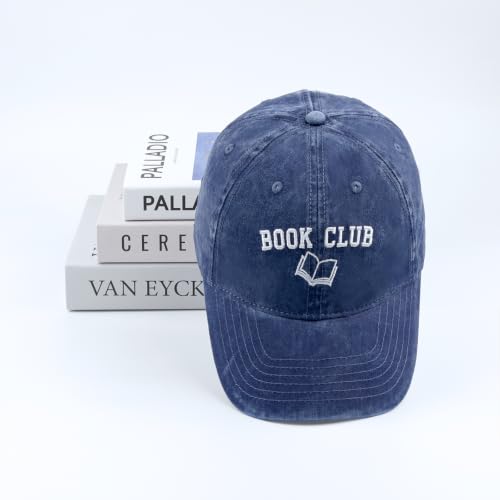 Embroidered Book Lover Baseball Cap for Men Women, Funny Washed Cotton Classic Dad Hat, Reading Lover Gift Idea - color: Book Club, Navy Blue