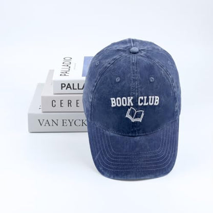 Embroidered Book Lover Baseball Cap for Men Women, Funny Washed Cotton Classic Dad Hat, Reading Lover Gift Idea - color: Book Club, Navy Blue