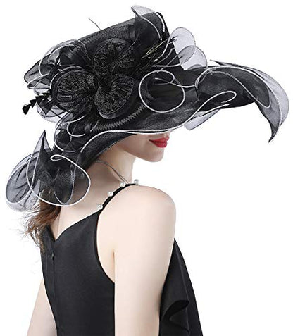 Z&X Women Organza Church Derby Hat Wide Brim Sun Hats for Wedding Tea Party Fascinator Hat, Dual-use - color: 2003- Black