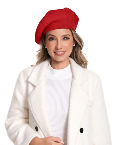 Women's Knitted Beret, French Style Double Layer Winter Autumn Warm and Soft Beanie Hat Cap - color: Red