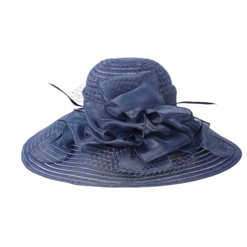 Wide Brim Church Hat for Women with Organza Flower Accent Ladies Dress Hat - color: Navy