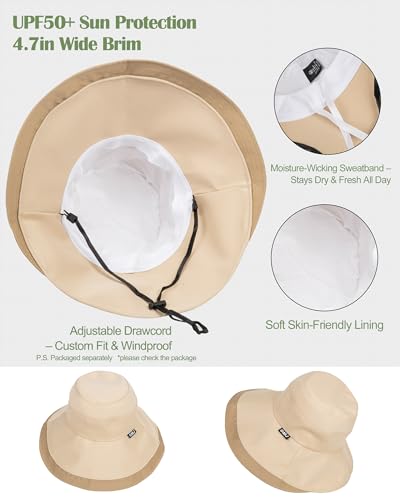 Women UPF50+ Wide Brim Bucket Sun Hat Wired Edge Adjustable Chin Strap - color: Beige