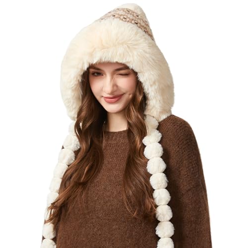HUAMULAN Women Winter Peruvian Beanie Hat Ear Flaps Fleece Lining - color: Beige Floral