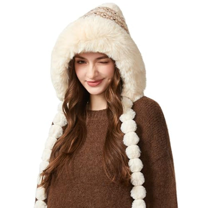 HUAMULAN Women Winter Peruvian Beanie Hat Ear Flaps Fleece Lining - color: Beige Floral