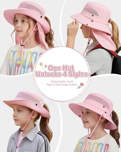 Century Star Kids Sun Hat with Ponytail Hole & Detachable Neck Flap UPF50+ Quick Dry Girls Bucket Hat for Outdoor Beach - color: Light Pink