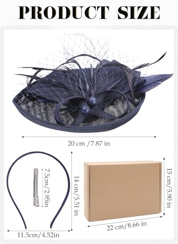 Zinniday Fascinator Tea Party Hat - 2026 Derby Pillbox Kentucky Hat for Women (7.87x5.9inch) - color: Navy Blue