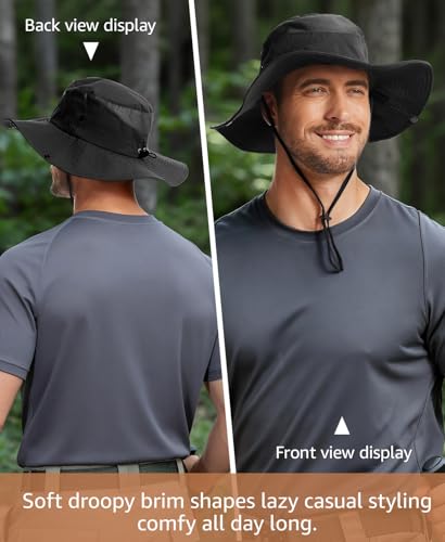 Wide Brim Sun Hat for Men Women, UPF 50+ Waterproof Packable Bucket Boonie Safari Fishing Hat - color: Black