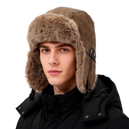 Faux Fur Trapper Hat Womens Winter Hats with Ear Flaps Leather Ushanka Russian Hat for Men Cossack Hunter Ski Caps - color: Mg-lfm25119-green