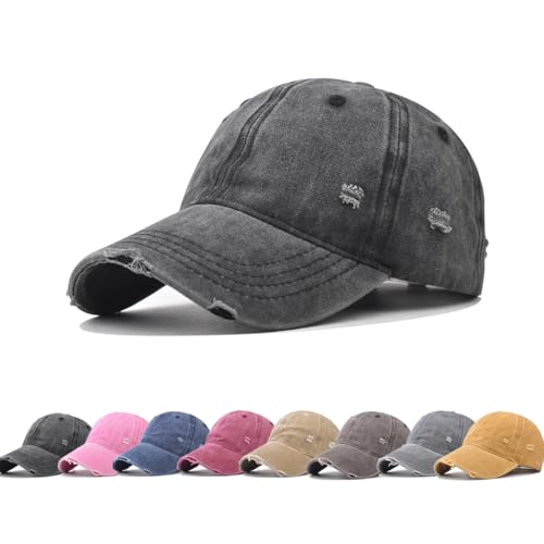 YuMENo Distressed Baseball Cap for Women Men Vintage Washed Cotton Low Profile Adjustable Dad Hats - color: Black