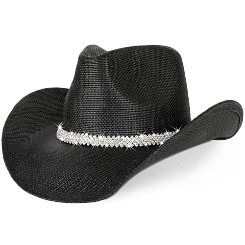WQWOVRVO Cowboy Hat,Cowgirl Hat,Western Cowboy Hats for Women/Mens/Straw Wide with Shapeable Brim Cowboy Hat for Womens - color: Black-b
