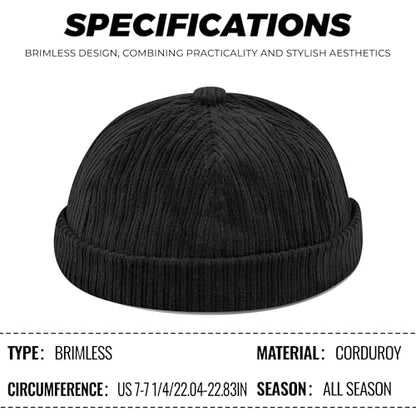 CLAPE Brimless Beanie Hat Corduroy Watch Cap Rolled Cuff Docker Cap Leon Skull Harbour Hat Unisex - color: Gd168-black