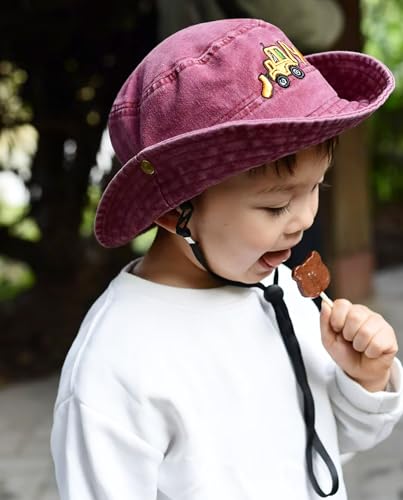 Safari Kids Sun Hat Bucket Boys Excavator Beach UPF 50+ Fishing Hat Toddler Girls Boonie Cap for 2-8T - color: Wine Red