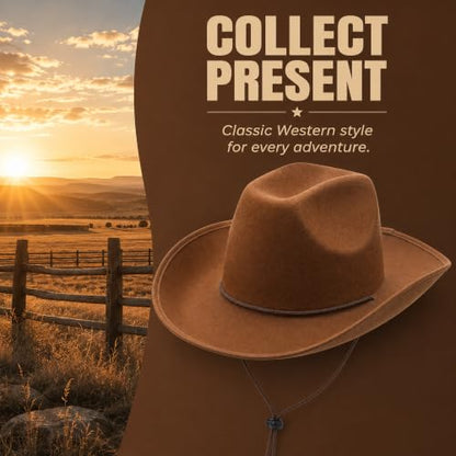 COLLECT PRESENT Plain Felt Cowboy & Cowgirl Hat for Men and Women | Western Studded Cowboy Hat in Adult Sizes - color: Brown