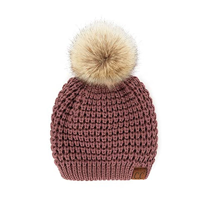 C.C Hatsandscarf Exclusives Unisex Solid Ribbed Beanie with Pom (HAT-43) - color: A Waffle Stitch Pattern-coco Berry