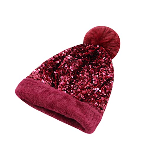 Women Sparkly Sequins Knitted Beanie Hat Warm Winter Skull Cap with Faux Fur Pom Pom - color: Wine Red