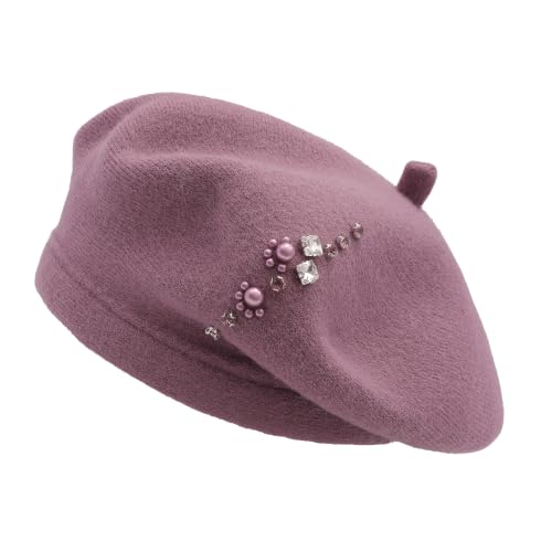 ZLYC Women French Beret Hat Winter Knitted Stretchable Beret Artist Cap - color: Rhinestone Lavender