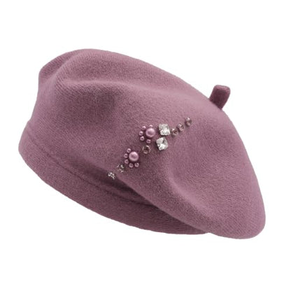 ZLYC Women French Beret Hat Winter Knitted Stretchable Beret Artist Cap - color: Rhinestone Lavender
