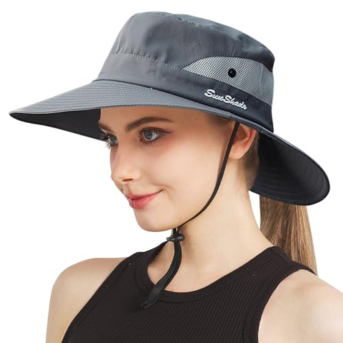 NPJY Ponytail Sun Hats for Women Men Wide Brim UPF Fishing Bucket Hat - color: Grey(ponytail Hole)