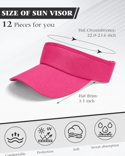 12 Pack Sun Visor Hats Softball Adjustable Cap Sun Protection for Women Men - color: Hot Pink