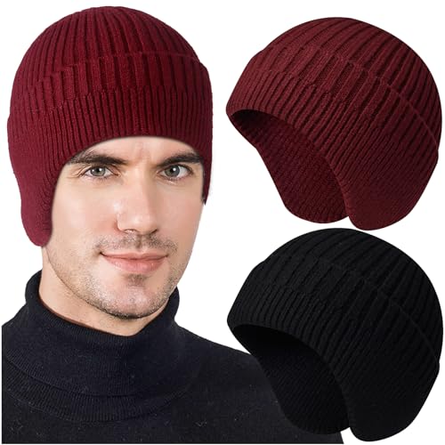 Heniho 2pcs Winter Beanies with Ear Flaps for Men Women, Warm Knit Earflaps Cap Thick Hats - color: D- Black, Wine Red