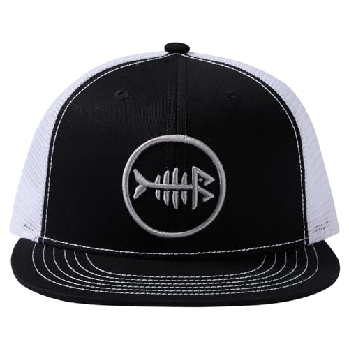 BASSDASH Flat Brim Trucker Cap Adjustable Snapback Hat Mesh Back for Men Women - color: Black and White