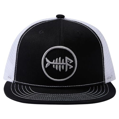 BASSDASH Flat Brim Trucker Cap Adjustable Snapback Hat Mesh Back for Men Women - color: Black and White