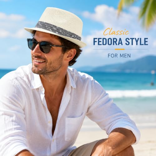 LIDHAY Straw Fedora Hat for Men Women |Short Brim Panama Sun Hat - color: White