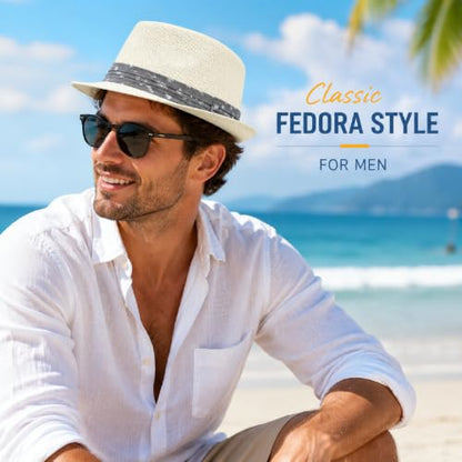 LIDHAY Straw Fedora Hat for Men Women |Short Brim Panama Sun Hat - color: White