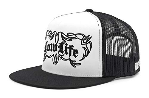 Low Life Pinstriped Trucker Cap for Men – Flat Bill 5-Panel Mesh Hat – Low Life Front Design – Adjustable Snapback – One Size Fits Most – Bold Baseball Cap (Black/White/Black)