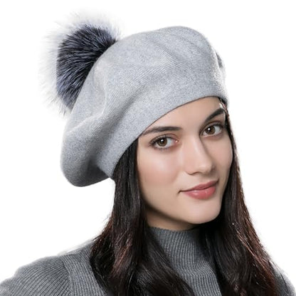 Womens Winter Beret Hat Knitted Beanie Cap Autumn Winter Hat French Classic Beret - color: L.gray With Silver Fox Fur Pompom