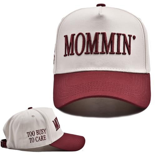Mommin Trucker Hat for Women Embroidered Mom Baseball Cap Adjustable Canvas Vintage Hat for Casual Wear - color: Khaki Red