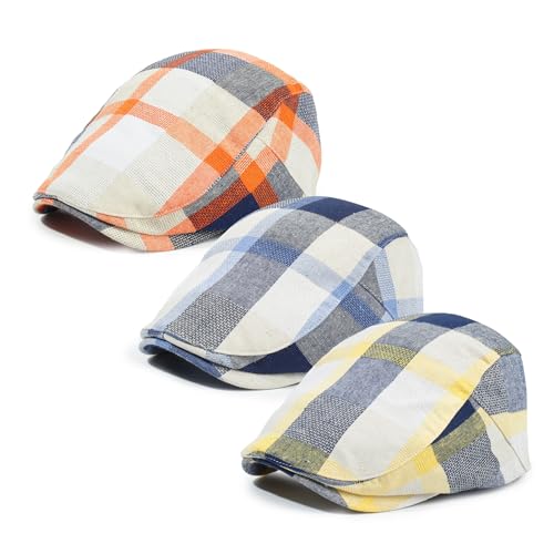 3Pcs Men's Newsboy Caps Cotton Cooling Hat Adjustable Flat Cap for Men - color: 2#-blue+orange+yellow