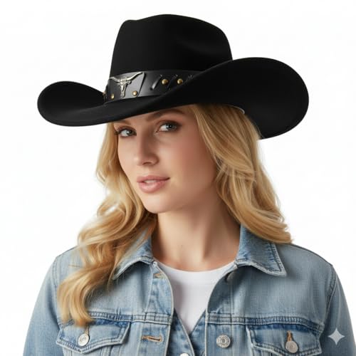 Western Cowboy Hat for Men Women Classic Fedora Cowgirl Hats Buckle Belt - color: Bull-head Cowboy Hat